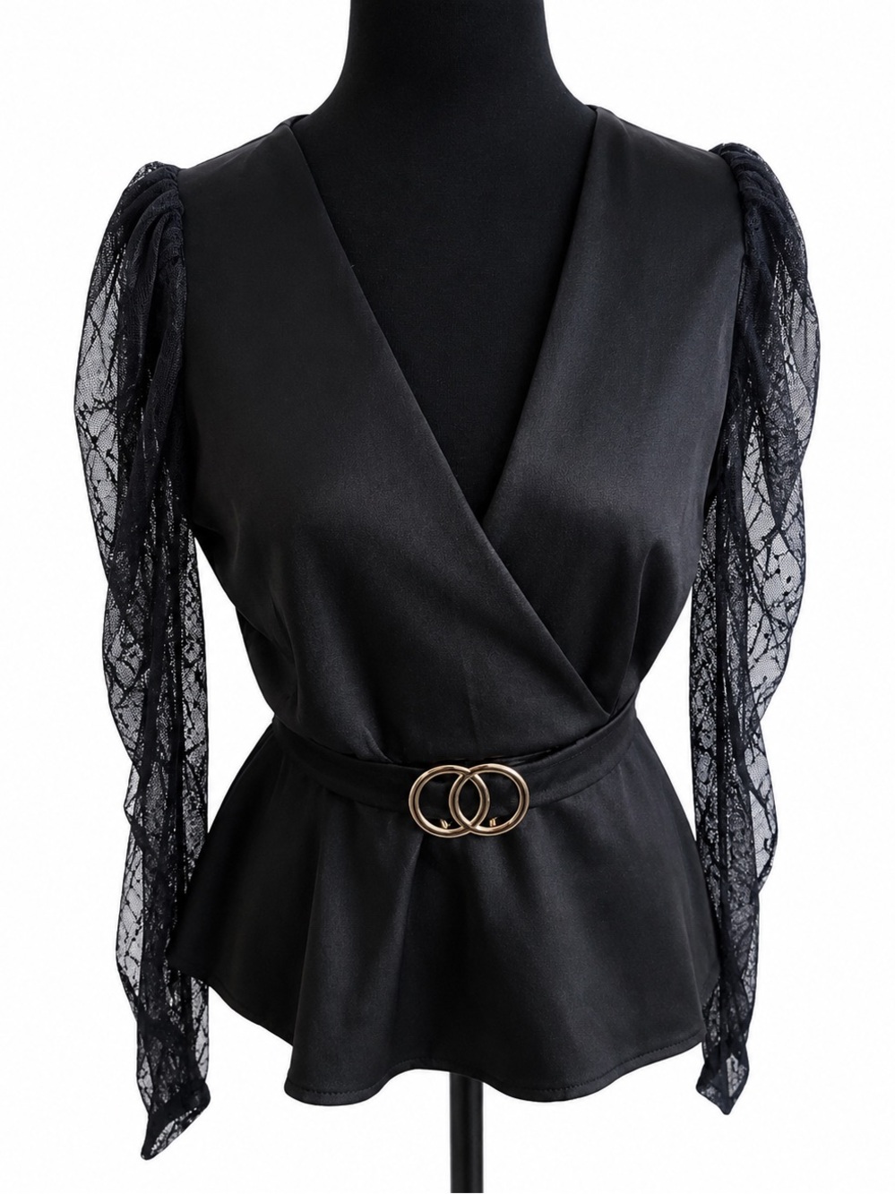 Story On Black Wrap Peplum Blouse Mesh Puff Sleeves Size M